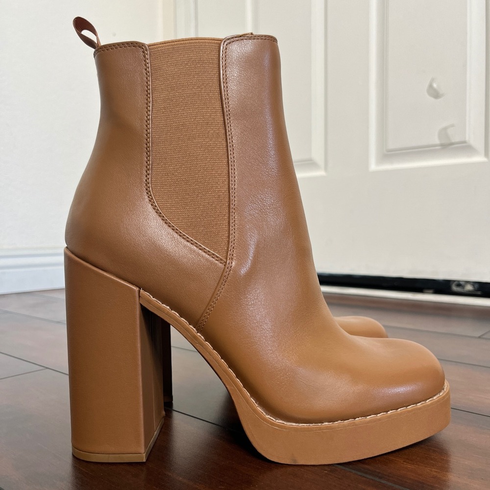 Steve Madden Triple Cognac Leather Chunky Platform Block Heel Chelsea Boots 9.5